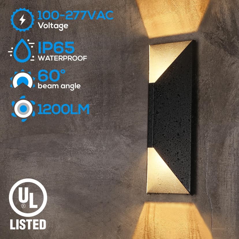 LEONLITE Dimmable LED Up Down Wall Light, 100-277V, CRI 90+, UL Listed IP65 Waterproof, 10%-100% Dimmable for Commercial Outdoor, 14 Inch Modern Porch Light, 1200LM 3000K, Pack of 2