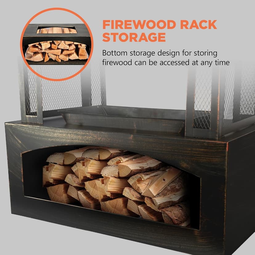 Red Mountain Valley 37" Fire Pits with Wood Storage for Outside, Large Wood Burning Outdoor Fireplace with Chimney, Mesh Spark Screen & Fire Poker, Idea for Backyard, Patio, Party, Camping, Picnic