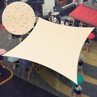 Amgo 14' x 14' Beige Square Waterproof Sun Shade Sail UPF50+ Canopy Awning Shelter, 98% UV Blockage Water Resistant, Outdoor Backyard Patio Garden Carport (We Make Custom Size)