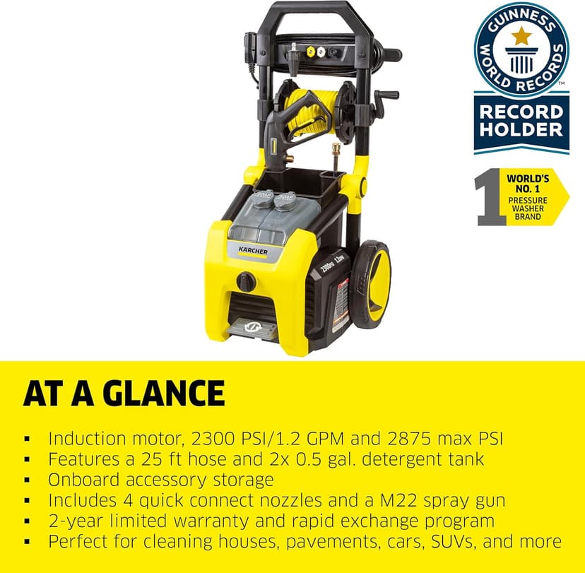 Kärcher Pressure Washer K2300PS, Max 2875 PSI, 4 Spray Nozzles, Detergent Tank, Hose Reel, For Cars, Driveways, Siding, Patios, 2.07 max. GPM
