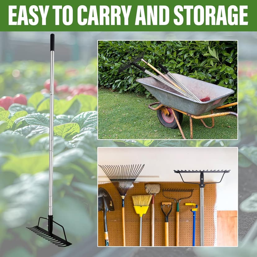 15 Inch Wide Bow Rake, 16 Steel Tines Metal Head Rake Tool with Stainless Steel Handle, Adjustable Long Handle Garden Rake for Loosening Soil Leveling Mulch Gathering Lawns Leaves