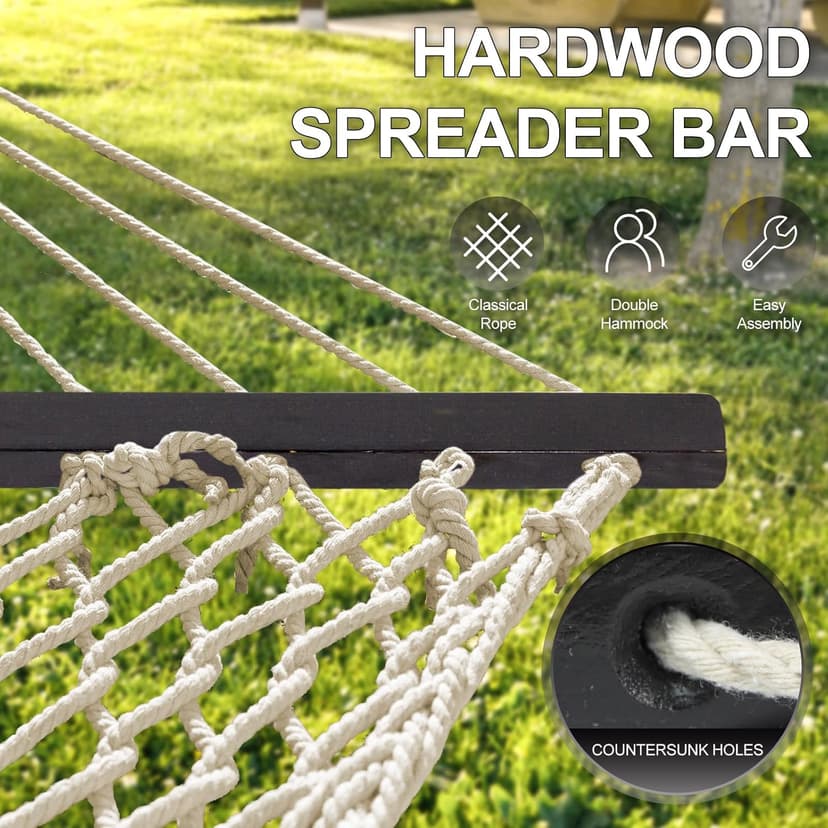 SZHLUX Double Rope Hammocks, Traditional Hand Woven Cotton Hammock with Hardwood Spreader Bar and Carrying Case for Outdoor, Indoor for Two Person, 450lb Weight Capacity