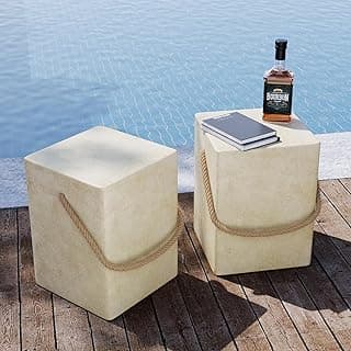 SUNBURY Outdoor Side Table Set of 2, 2 Pieces Concrete Side Table for Patio,18"H Small Outdoor Accent Table w Hemp Rope, Patio Side Table End Table Warm Gray, Ceramic Side Table Garden Stool Log Table