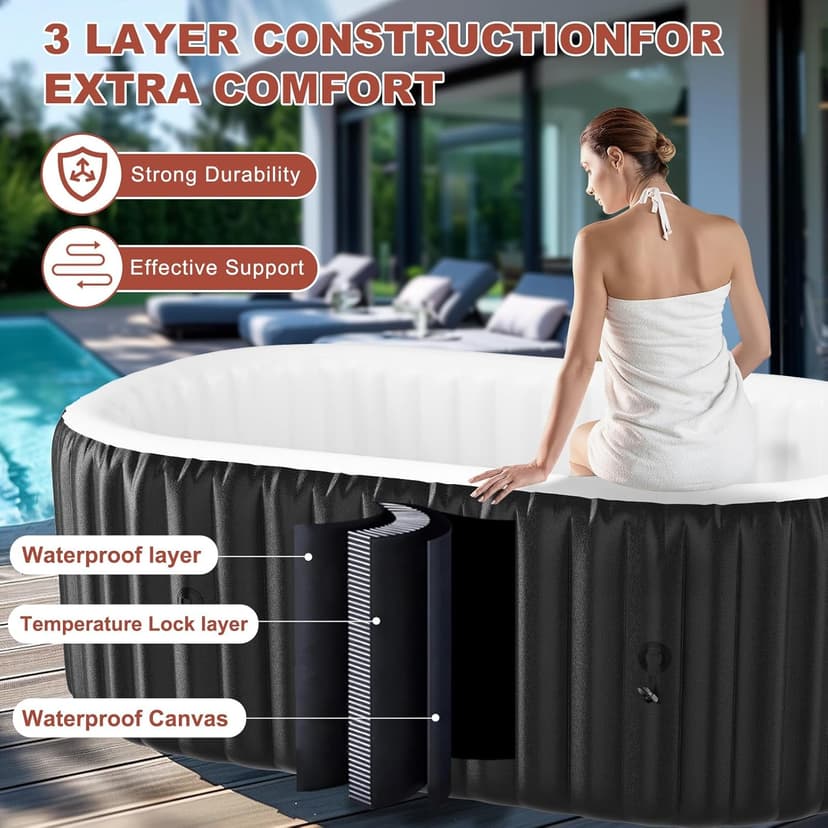 LILYPELLE 1-2 Person Inflatable Hot Tub, Portable Oval Blow Up Hot Tub with 100 Bubble Jets, Outdoor Spa Set Included Heater Pump, Filter and Side Table, 75" X 47" X 25"