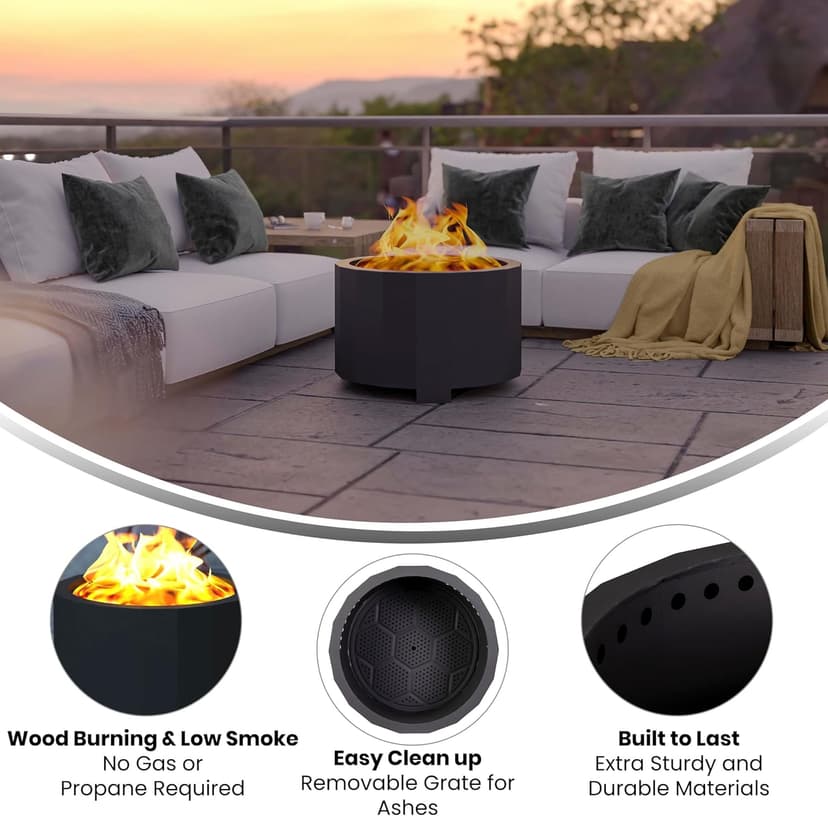 Flash Furniture Titus Commercial Grade Wood Burning Smokeless Outdoor Firepit - Black Finish - 27 inches - Portable - Waterproof Cover