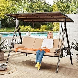 YOLENY Oversized Outdoor Porch Swing with Hardtop, 3 Seat Patio Swing with 2 Side Cup Holder, 3-in-1 Convertible Backrest Swing Bed with Cushion, 2 Pillows for Front, Porch, Lawn