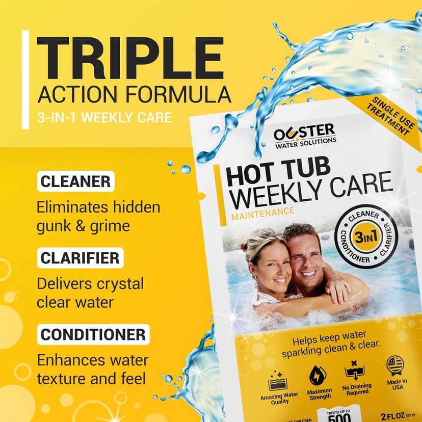 3in1 Weekly Hot Tub Cleaner, Conditioner, Clarifier - Hot Tub Chemicals for Standard & Inflatable Spas - Spa Chemicals for Crystal Clear & Sparkling Clean Water - Made in USA (4 Week Kit)