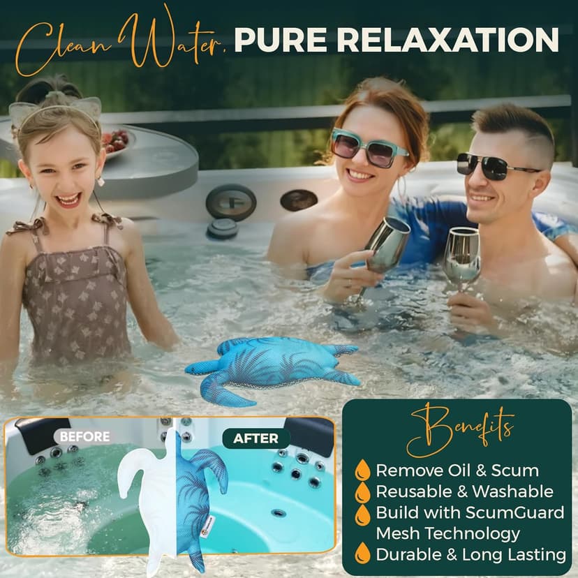 Hot Tub Scum Absorber Turtle ScumGuard Mesh - 2-Pack Oil & Scum Absorber for Spa, Hot Tub & Pool - Keeps Water Clear - Includes 100 x Hot Tub Test Strips & 2 Washable Turtle Absorbers