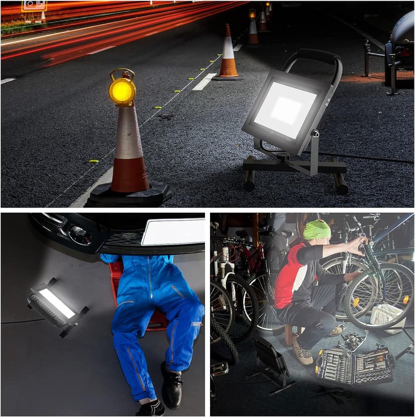 GLORIOUS-LITE 50W LED Work Light, 5000LM LED Flood Lights, 400W Equivalent, IP66 Waterproof, 16ft 5m Cord with Plug, 6500K, Adjustable Working Lights for Workshop Garage, Construction Site