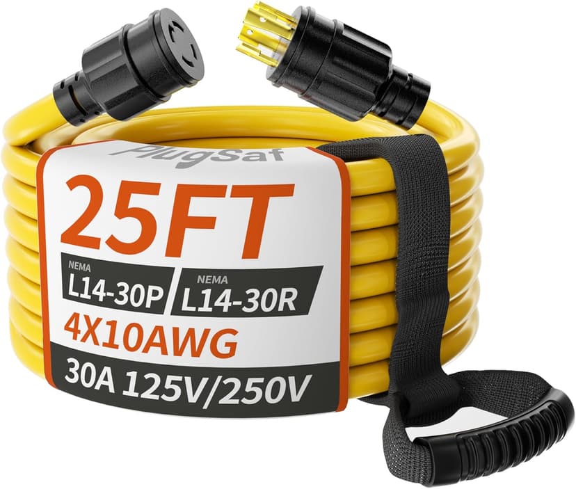 25FT 30 Amp Generator Extension Cord 4 Prong, NEMA L14-30P/L14-30R 10 Gauge STW 125/250V Twist Lock Generator Cord Heavy Duty, Yellow ETL Listed