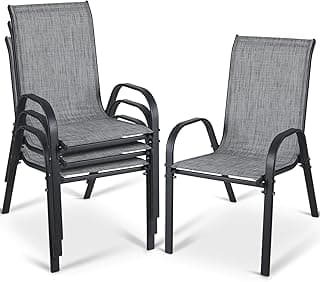 Arlopu Stackable Patio Chairs Set, Outdoor Dining Chairs Set of 4, All-Weather Furniture Chairs with Armrests and Breathable Seat Fabric， for Pool Side, Backyard, Porch, Garden, Deck (Grey)