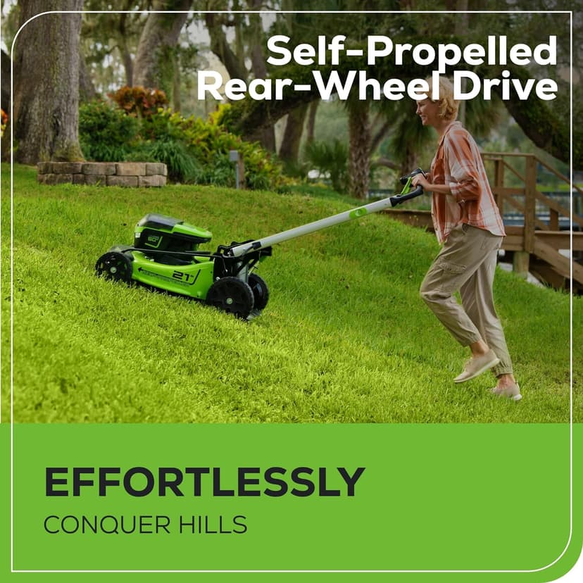 Greenworks 60V 21” Cordless (Self-Propelled) Lawn Mower (LED Lights + Aluminum Handles), 2 x 4.0Ah Batteries and Dual Port Rapid Charger