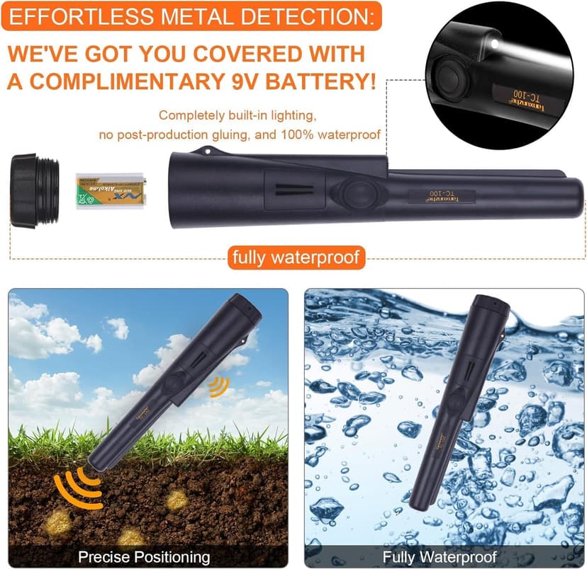 Metal Detector Pinpointer,Fully Submersible Waterproof IP68 Handheld Pin Pointer Wand, Search Treasure Pinpointing Finder Probe with 9V Battery for Adults, Kids… (Black)