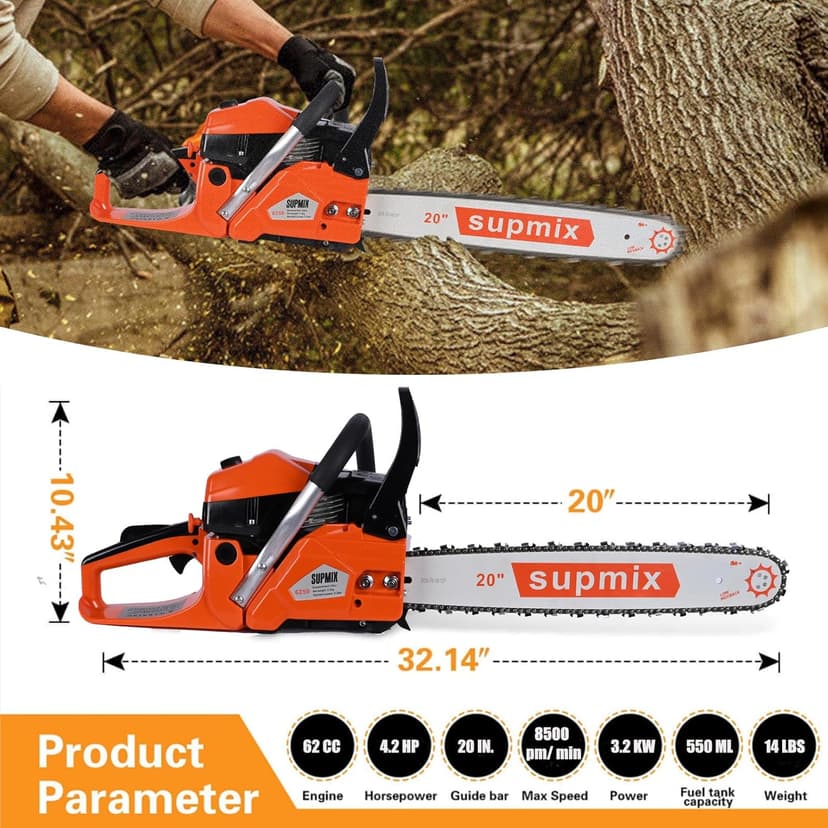 62cc Gas Chainsaw 20 Inch Gas Powered Chainsaws 2-Cycle Petrol Handheld Gasoline Chain Saw Power Saws for Cutting Wood Tree Trimming