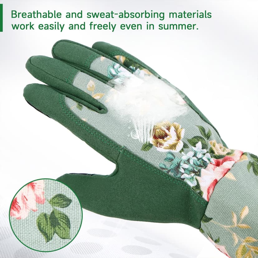 Gardening Gloves, Durable and Comfortable Women's Long Garden Gloves for Gardening Work and Yard Work, Leather Gardening Gloves for Women, Green Print (Medium)