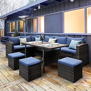 Solaste 7 Piece Outdoor Patio Furniture Set, Outdoor Sectional PE Rattan Patio Conversation Sofa with All Weather Dining Table Chair Set, Blue