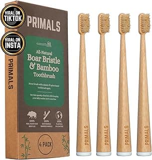 PRIMALS Boar Bristle & Bamboo Toothbrush (4-Pack) - Premium Boar Bristles - Fully Biodegradable - Plastic & Nylon Free - Quick Dry Design