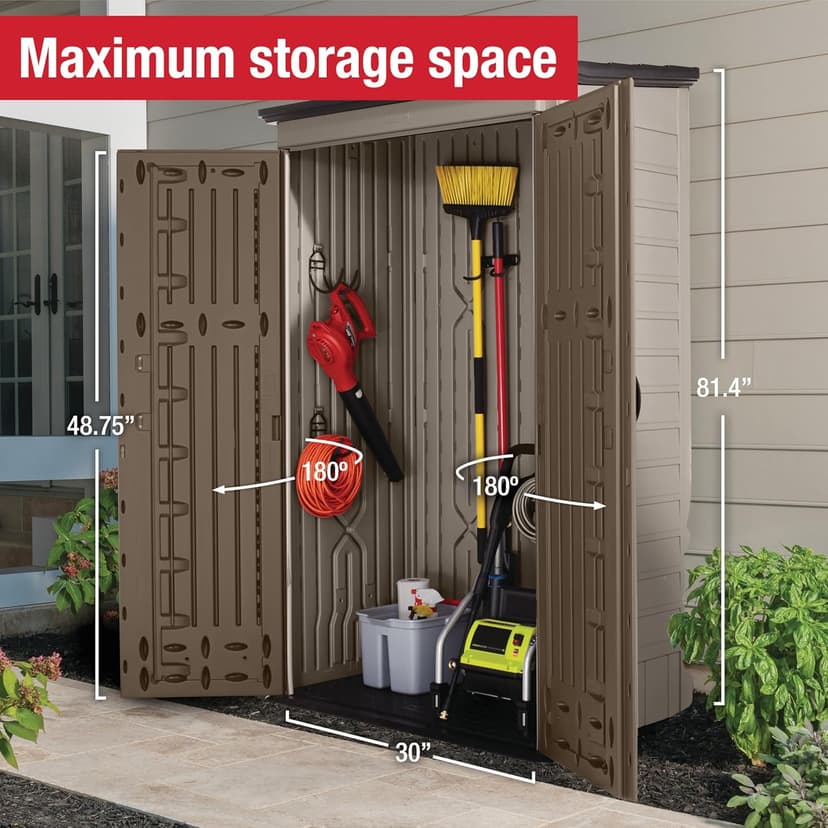 Rubbermaid Vertical Resin Outdoor Storage Shed, With Floor (4 x 2.5 Ft), Weather Resistant, Brown, Organization for Home/Backyard/Garden Tools/Porch/Patio Cushions/Pool Chemicals/Toys