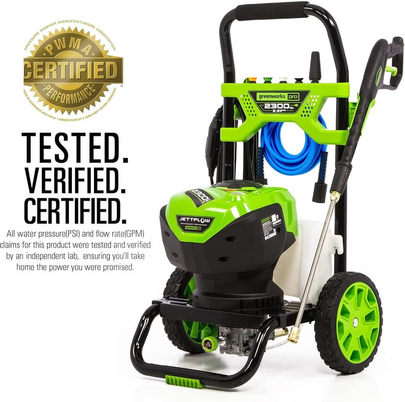 Greenworks 2300 PSI TruBrushless (2.3 GPM) Electric Pressure Washer, 25’ Hose, Quick Connect Wand, 15, 24, 40 Degree Soap and Turbo Nozzle