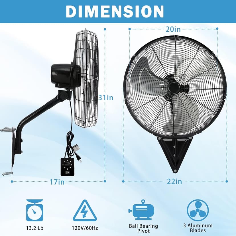 Wall Mount Fan Oscillating,Industrial Heavy Duty Metal 3 Speed Fan,20 Inch High Velocity Adjustable Tilt,Use for Garage, Shop,Warehouse, Patio, Factory and Homes.