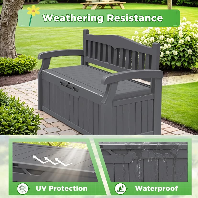 Greesum 80 Gallon Storage Bench Outdoor Deck Box with Armrest, Patio Furniture,Lockable, Waterproof and UV Resistant, Suitable for Garden, Pool, Grey