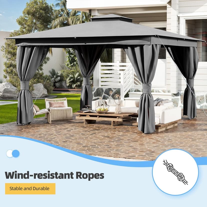 YOLENY Outdoor 10'x13' Grey Patio Gazebo, Metal Frame Canopy with Double Roofs, Heavy Duty Pavilion with Curtains and Nettings for Deck, Lawn and Backyard