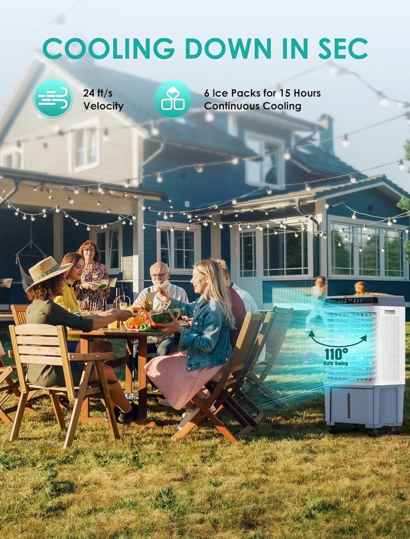 Air Choice Swamp Cooler, 1800 CFM Portable Evaporative Air Cooler with 6 Ice Box & 5.3 Gal Water Tank, 110° Swing, 3 Speeds, Upgraded Remote, 12H Timer, 3-in-1 Air Cooling Fan for Outdoor Indoor, Blue