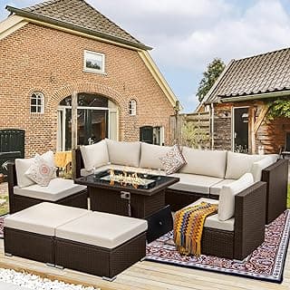 BULEXYARD 9 Piece Highback Patio Furniture Set with Fire Pit Table, Modern Modular Outdoor Sectional Couch Sofa with Ottoman, 8-Seater Backyard Seating for Exterior, Deck, Brown Wicker & Beige Cushion