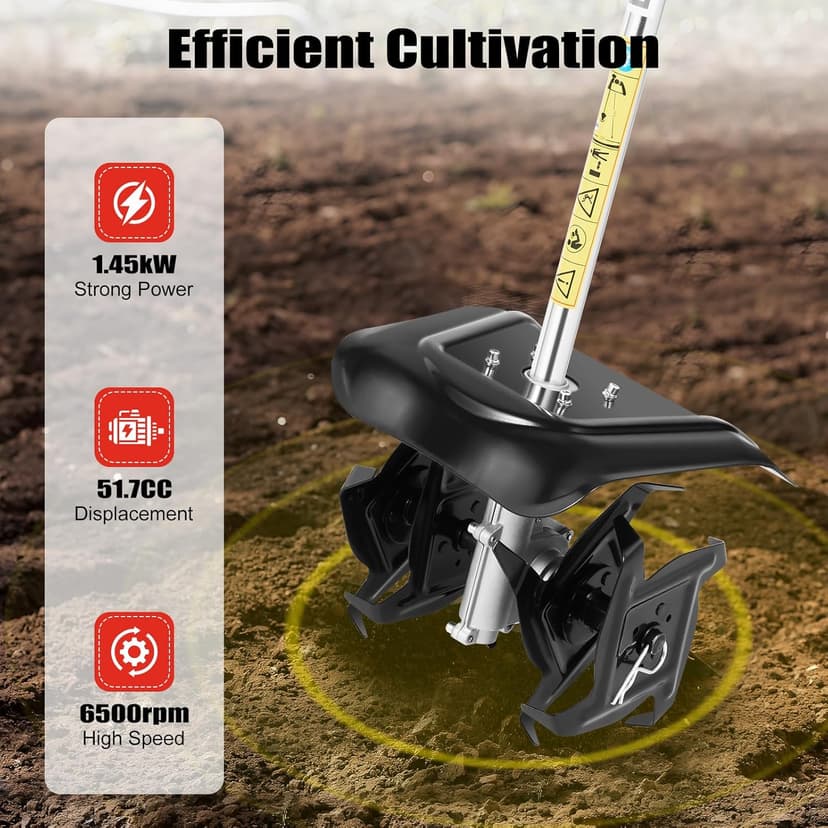 Gas Powered Tiller Cultivator, 51.7CC 2-Stroke Handheld Tiller Cultivator Gas Powered Engine Rototiller Garden Tool for Lawn, Garden and Field Soil Cultivation