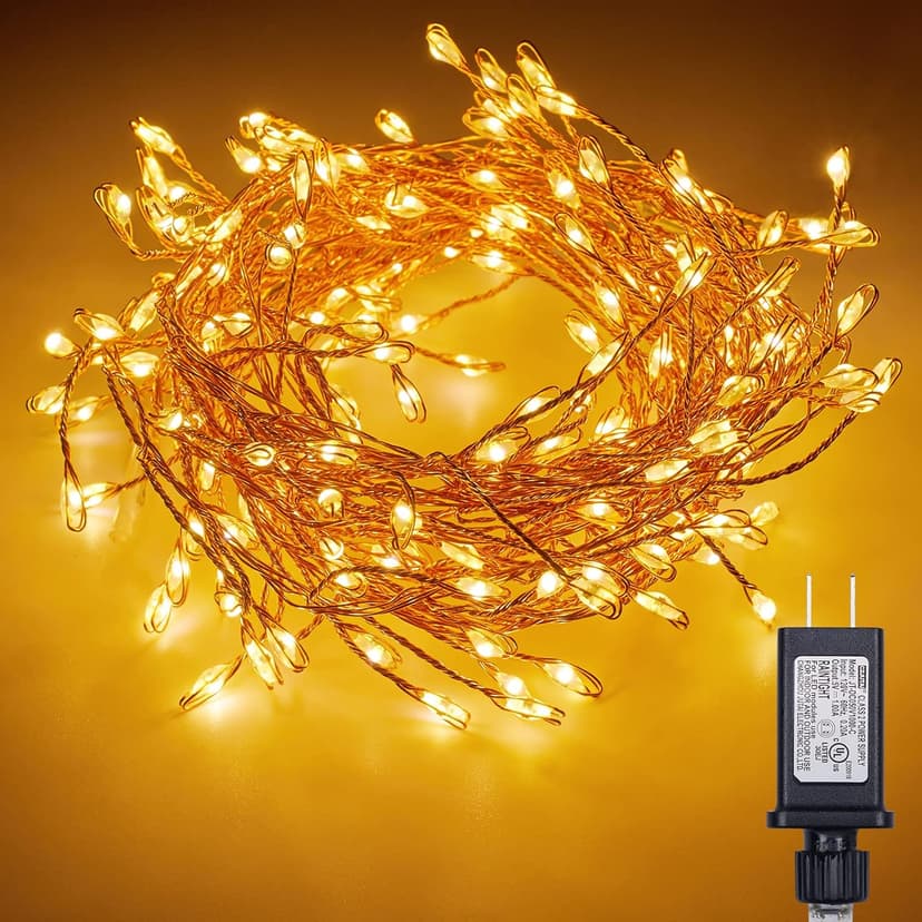 Minetom Fairy Lights Plug in, 10Feet 200 Led Cluster Lights Waterproof Firecracker Starry String Lights for Ceiling Bedroom Wreath Window Wedding Christmas Tree Decoration, Warm White (No Remote)