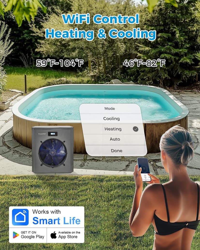 16000 BTU Swimming Pool Heat Pump 5000 Gallon Electric Pool Heater for Above Ground Pool 5KW Heating or Cooling WiFi Control Timer Pool Heater 120V 60Hz