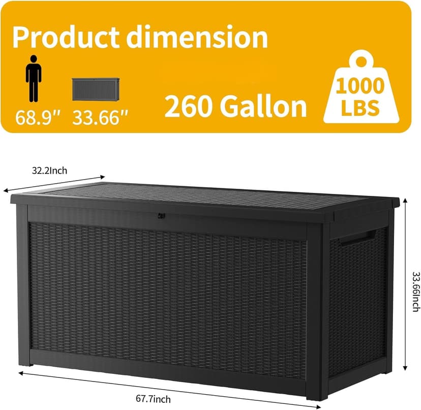260 Gallon Resin Deck Box, Waterproof Outdoor Storage Box, Lockable for Patio Furniture, Garden Tools, Pool Accessories, UV-Resistant for All Weather Use, Black