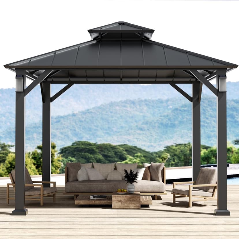 Modern Shade 10'x10' Hardtop Gazebo with Galvanized Steel Roof & 4 LED Lights - Permanent Metal Gazebo Outdoor Pavilion for Backyard, Deck, Garden - All-Weather Patio Cover