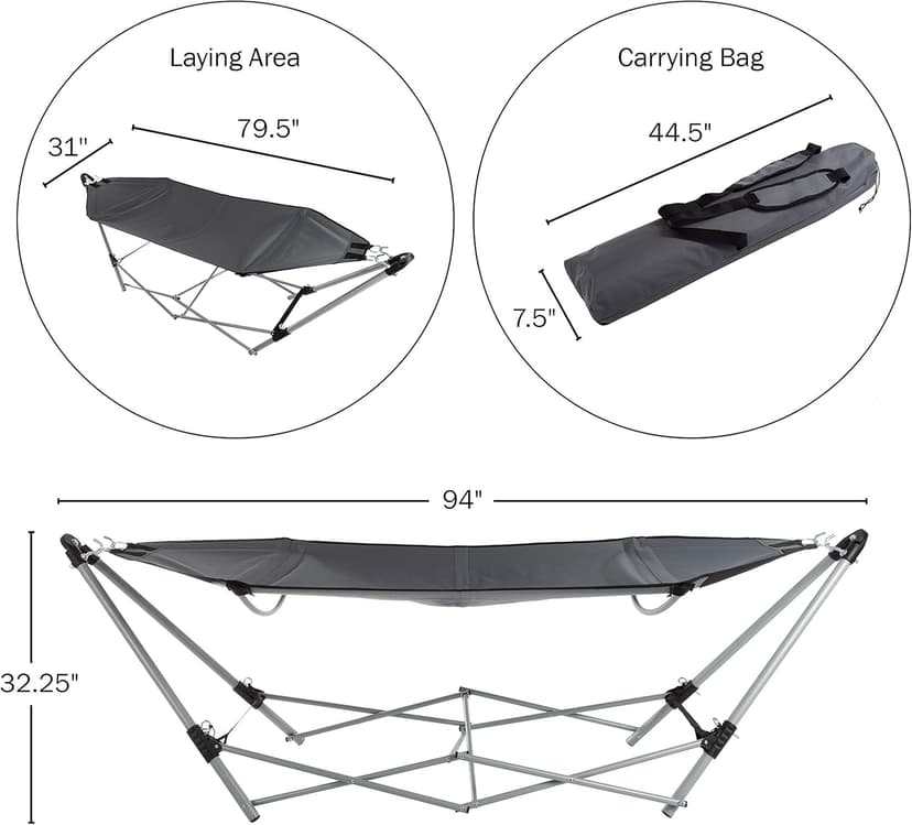 Hammock with Stand Included - Portable Hammock Fits into Carry Bag for Easy Travel - Perfect for Backyard, Pool, Beach, Hiking by Lavish Home (Gray)