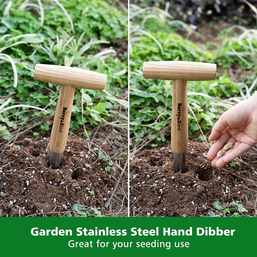 Hand Dibber, Stainless Steel Sow Dibbler with Wood Handle, Garden Hole Punch Dibbler Tool for Planting Seeds & Bulbs, Hand Held Bulb Planter for Planting Flowers Tulips, Daffodils, Dahlias