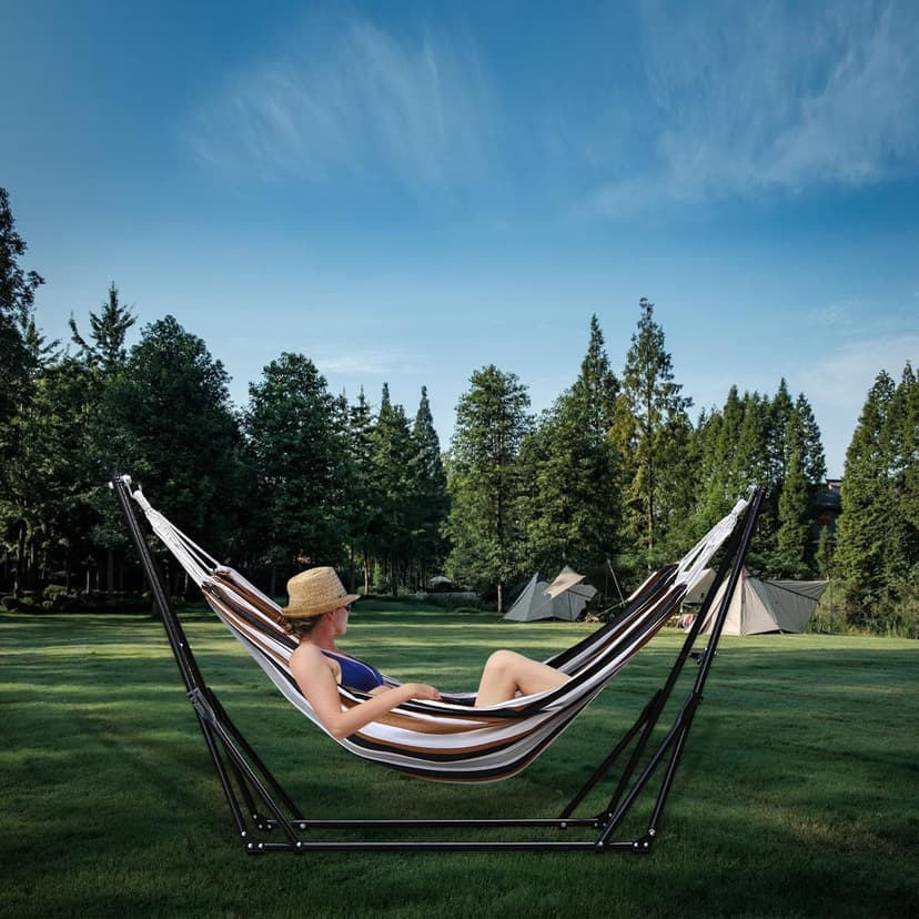 Hammock with Foldable Steel Stand,Frabic Tension Adjustable,Carrying Bag Included, 616 lbs Weight Capacity, Portable Suitable for Outside Garden Yard Outdoor Inhouse Multicolour