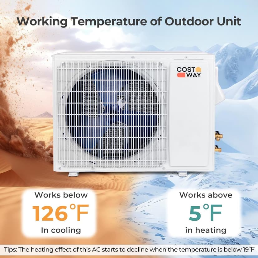COSTWAY 12000 BTU Wifi Enabled Mini Split Air Conditioner & Heater, 22 SEER2 208-230V Inverter AC Unit Cools up to 750 Sq. Ft, Energy Efficient, Heat Pump (Black, 12000BTU, 208-230V, 22 SEER2-WIFI)