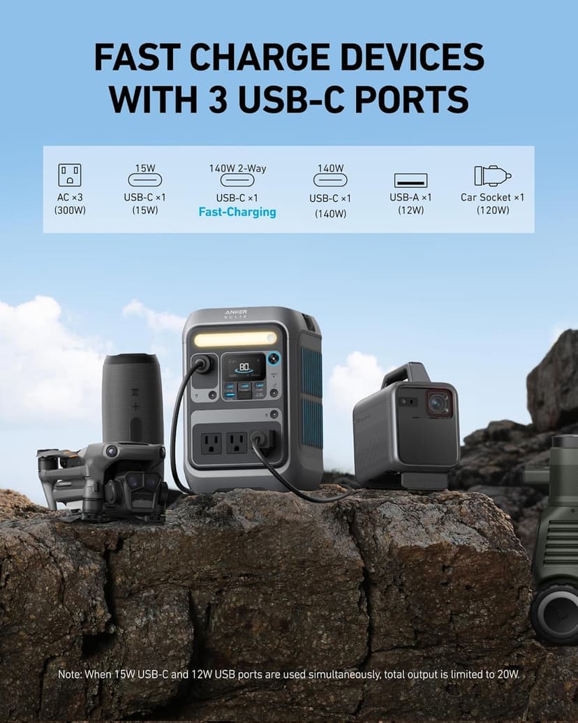 Anker SOLIX C300 Portable Power Station, Outdoor 288Wh LiFePO4 Battery, 300W (600W Surge) Solar Generator, 140W Two-Way Fast Charging, for Camping, Traveling, and Emergencies (Solar Panel Optional)