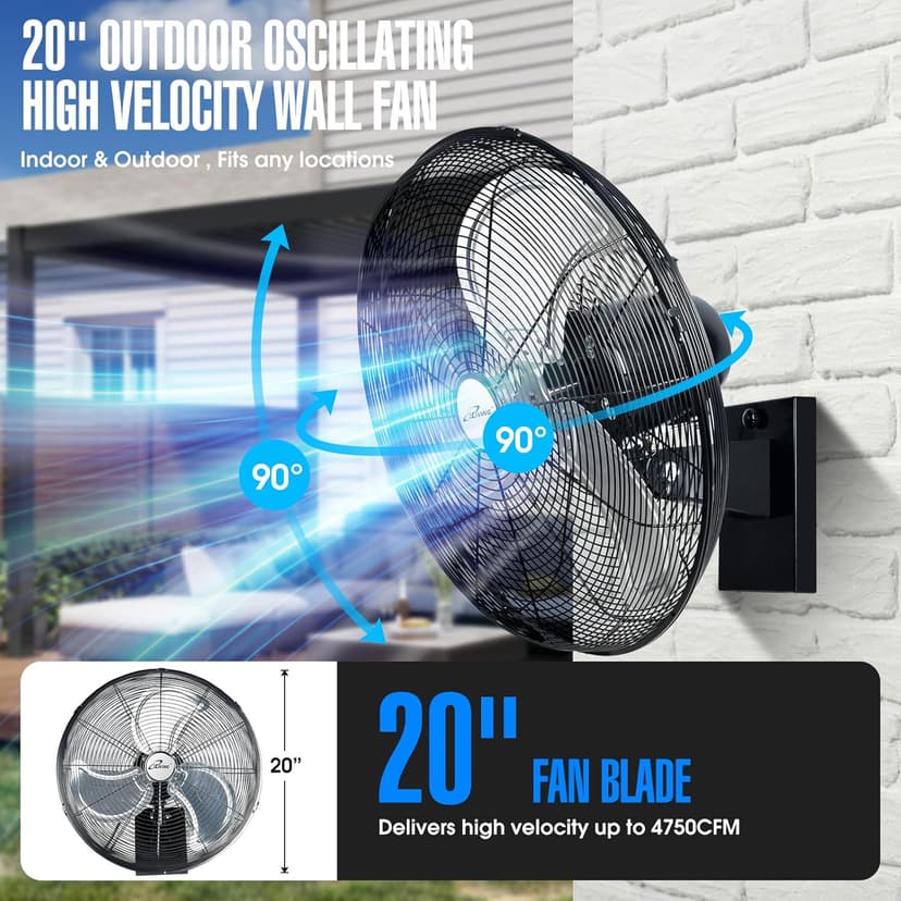 iLiving 20" Outdoor Oscillating High Velocity Wall Fan with 4750 CFM Heavy Duty Weatherproof Motor, Variable Speed Adjustment for Workshop, Garage, Patios, Commercial and industrial, 20 inch,Black