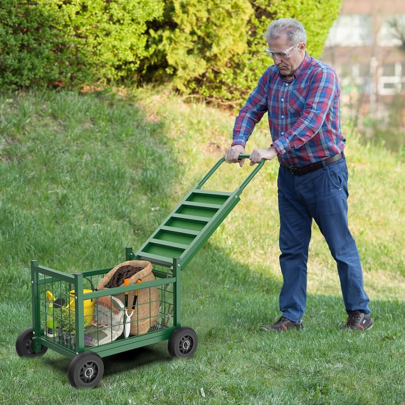 FLINTER Rolling Garden Work Seat with Wheels, Heavy Duty Gardenning Cart with Seat - Garden Rolling Cart Stools w/Wheels for Seniors