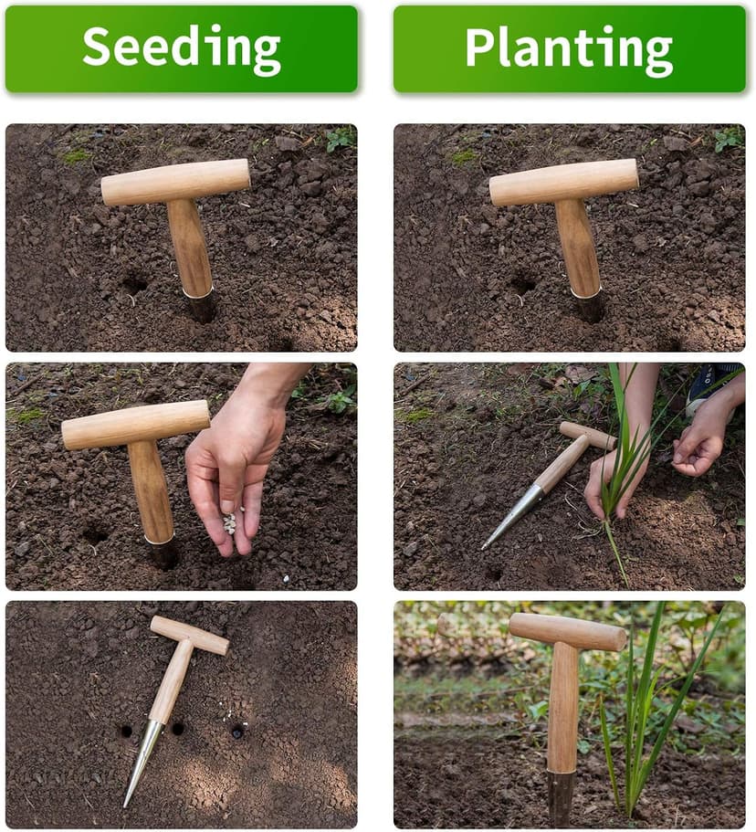 Gardtech Bulb Planter Tool, 4pcs Garden Tool Set, Includes Wood Handle Handheld Dibber Measurements Dibbler, Bamboo Plant Tags Labels, Seed Dispenser Kit, Mark Pen