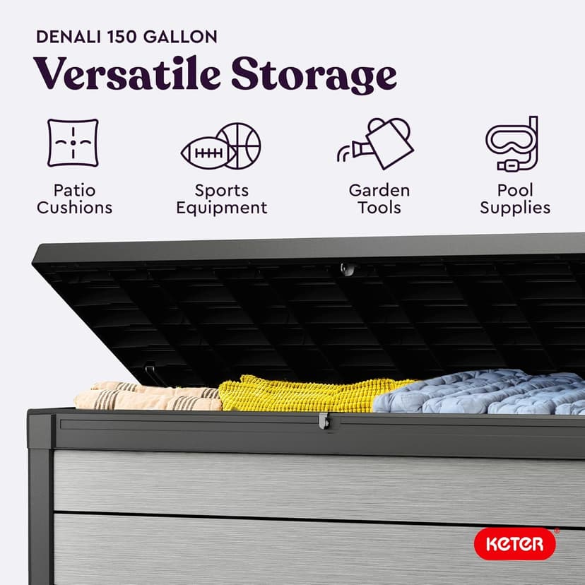 Keter Denali 150 Gallon Resin Large Deck Box with Double Wall 20mm Panels - Paintable and Drillable-Organization and Storage for Patio Storage Box and Outdoor Items, Grey & Black