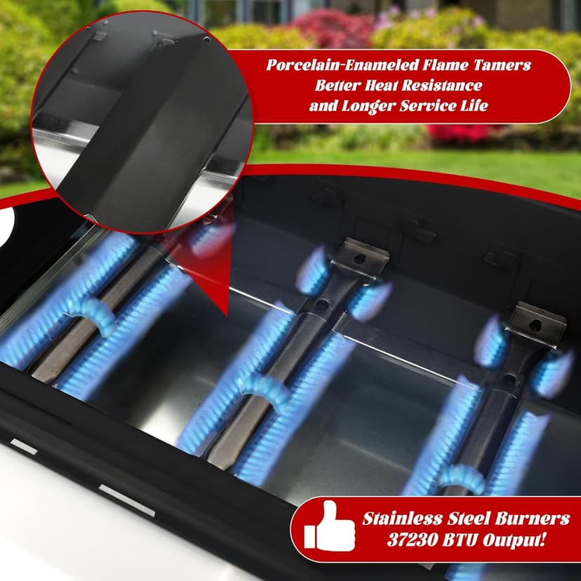 3-Burner Propane Gas Grill with 2 Foldable Side Tables, 25,650 BTU Outdoor BBQ Grill with Porcelain-Enameled Flame Tamers, Built-in Thermometer, Easy Assembly for Patio, Backyard BBQ