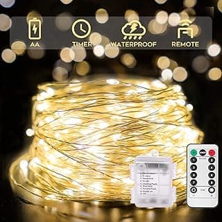 SUDDUS 33ft 100 LED Outdoor String Lights, Warm White Fairy Lights Battery Operated with Remote, Led Twinkle Lights for Bedroom, Dorm, Backyard, Wedding, Tree, Mason Jar, Wall, Christmas