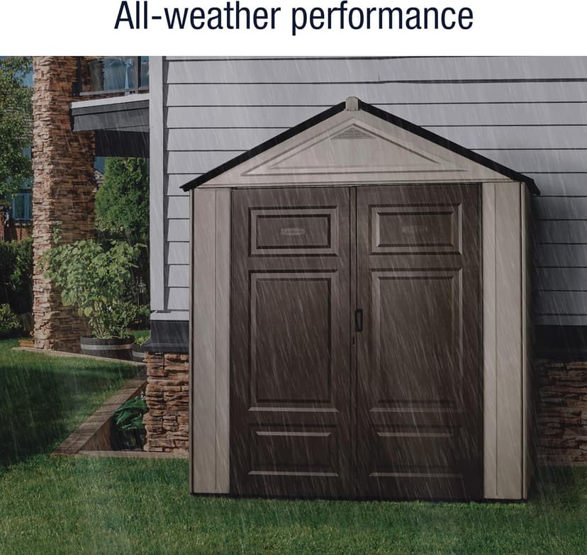Rubbermaid Resin Outdoor Storage Shed With Floor (7 x 3.5 Ft.), Weather Resistant, Brown/Grey, Organization for Home/Lawn Mower/Backyard Equipment/Bike Storage/Pool Supplies