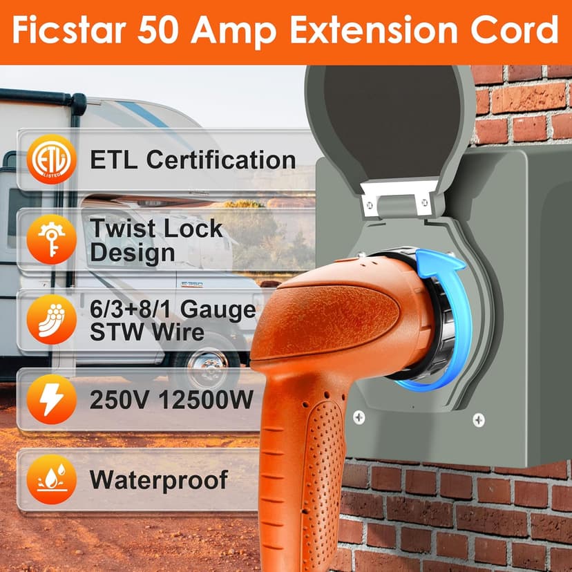 50 Amp RV Extension Cord 10 ft, Heavy Duty 6/3+8/1 SJTW AWG RV Power Cord with Grip Handle Twist Lock, NEMA 14-50P to SS2-50R with Polarity Lamp