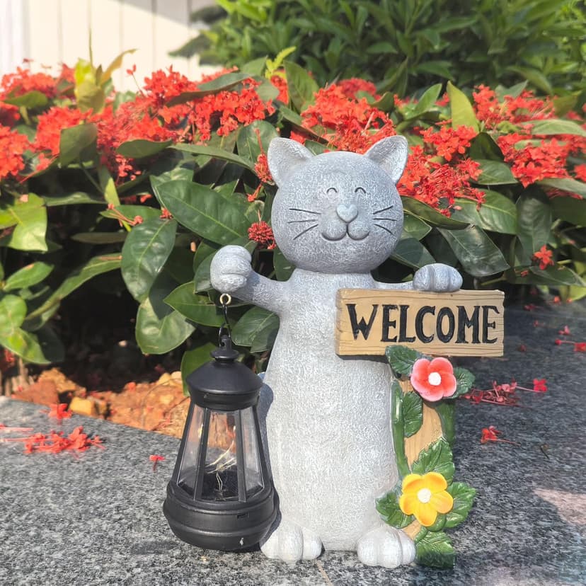 Solar Cat Statue Outdoor Decor-9.4" Welcome Garden Sculpture with Solar Lantern &3D Flowers,Weatherproof Resin Yard Art for Patio, Lawn,Yard Outside,Birthday Gifts for Mom,Grandma,Cat Lovers