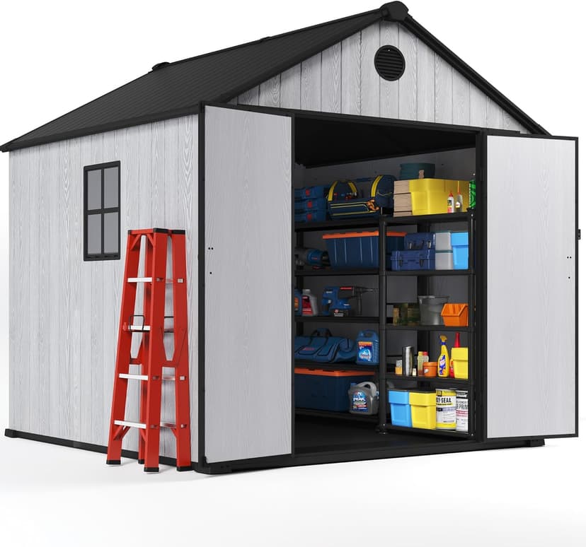 8 x 8 FT Resin Storage Shed Outdoor Storage Shed Storage Sheds Outdoor with Floor, Side Window, Plastic Shed with Lockable Door, Front Rear Vents for Backyard, Garden, Patio (8x8 FT)
