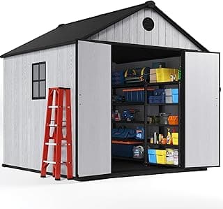 8 x 8 FT Resin Storage Shed Outdoor Storage Shed Storage Sheds Outdoor with Floor, Side Window, Plastic Shed with Lockable Door, Front Rear Vents for Backyard, Garden, Patio (8x8 FT)