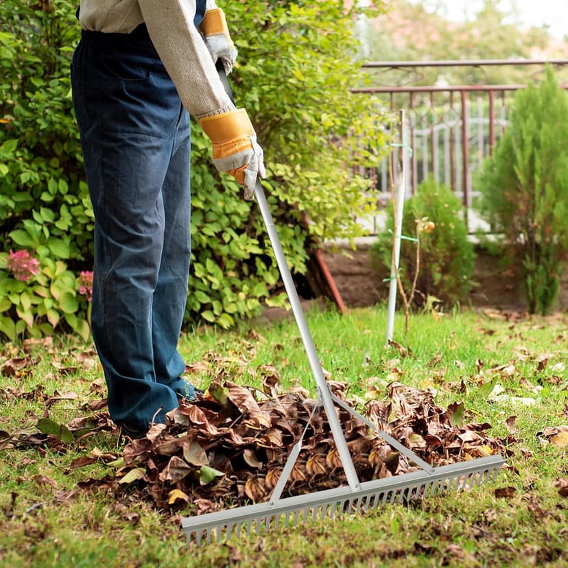 Goplus Landscape Rake 36 Inch, Aluminum Rake Head w/36 Tines and 68" Long Non-Slip Handle, Yard Rake Tool for Loosening & Leveling Soil, Landscaping Rake Beach Garden Lawn Care, Collecting Leaves